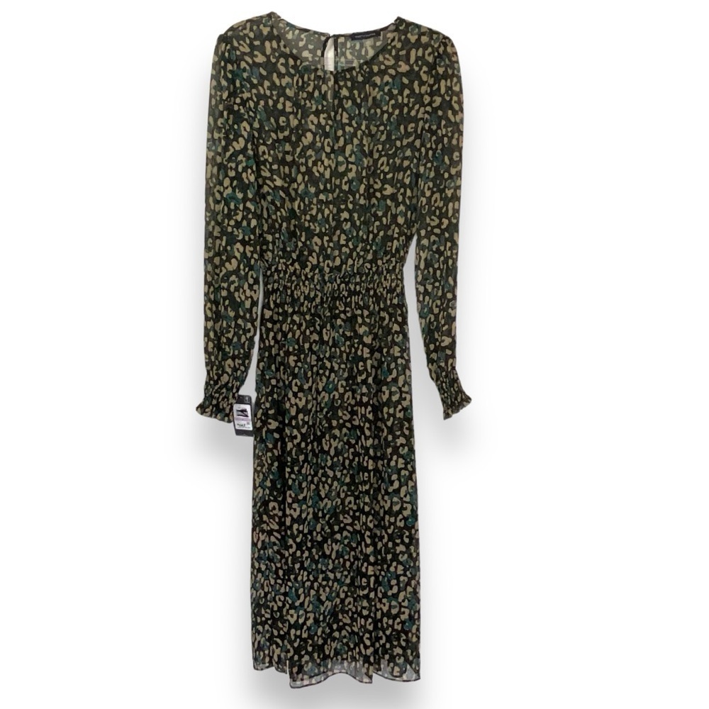 Tommy Hilfiger Dress Leopard Sheer Smocked Midi Animal Tan Green Size 6 NWT